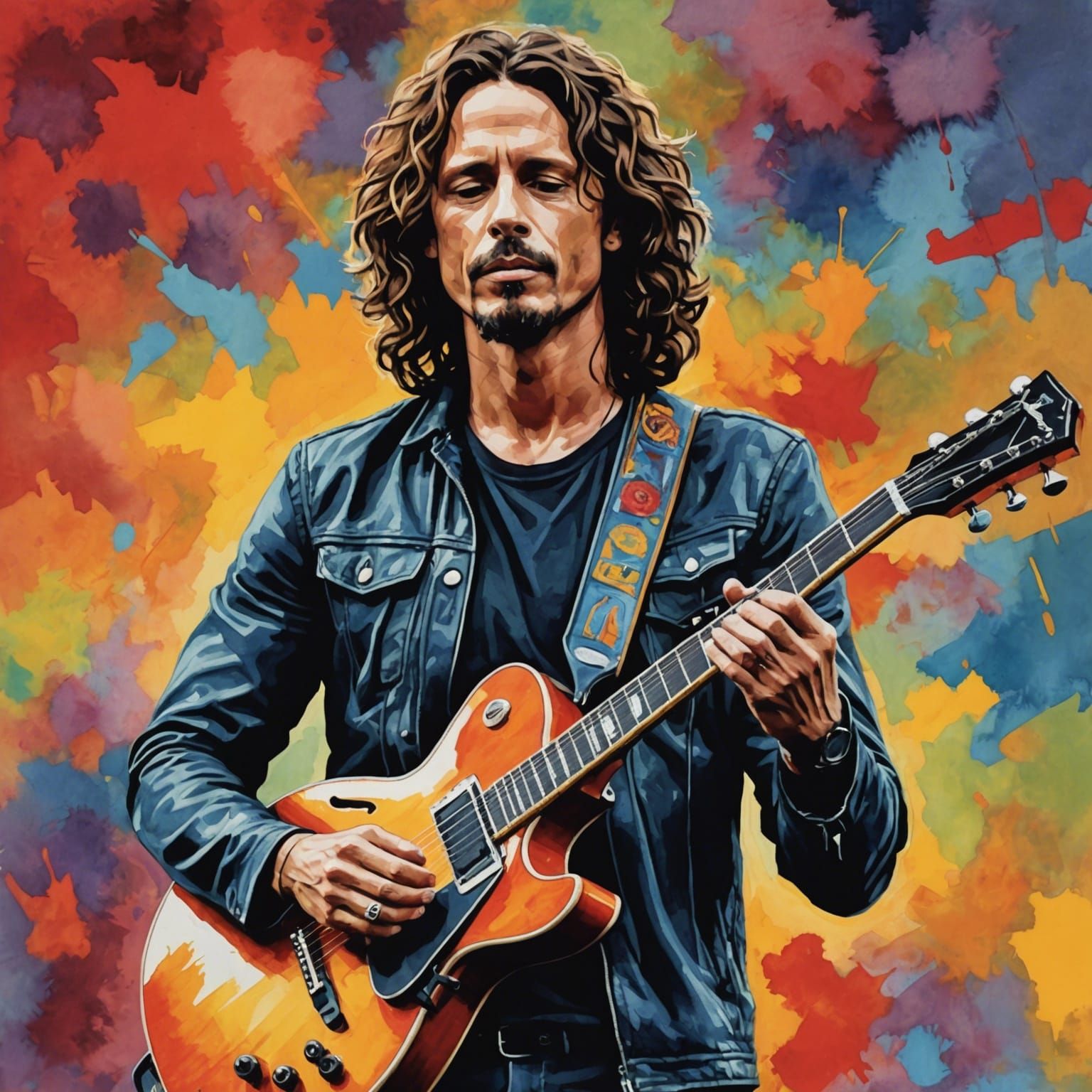 Chris Cornell Portrait in Gouache Watercolor Style