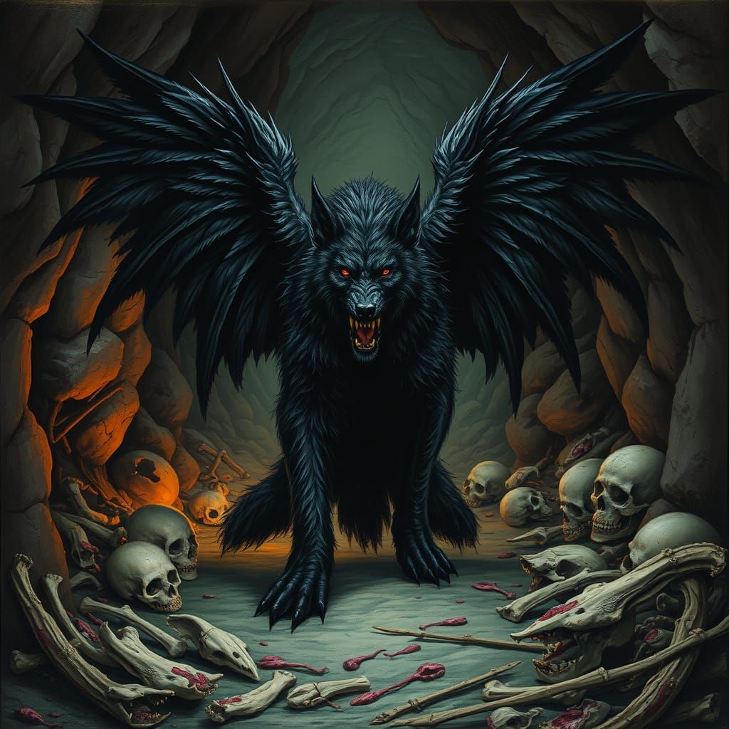 Winged Werewolf in Dark Gothic Cave