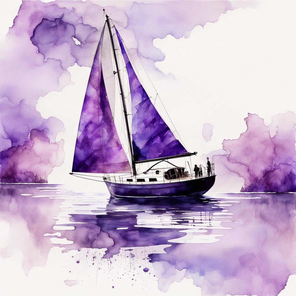 Purple Sailboat in Watercolor with Ink