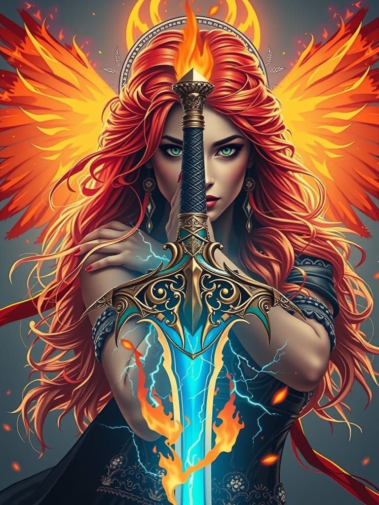 Fiery Goddess Wields Flame-Tipped Sword in Front of Blazing ...