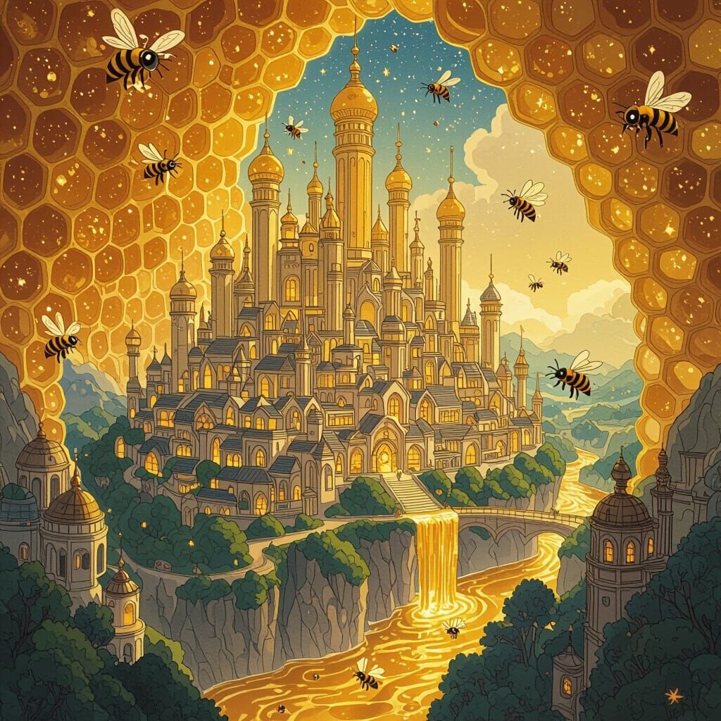 Celestial Honeycomb City in Studio Ghibli Style