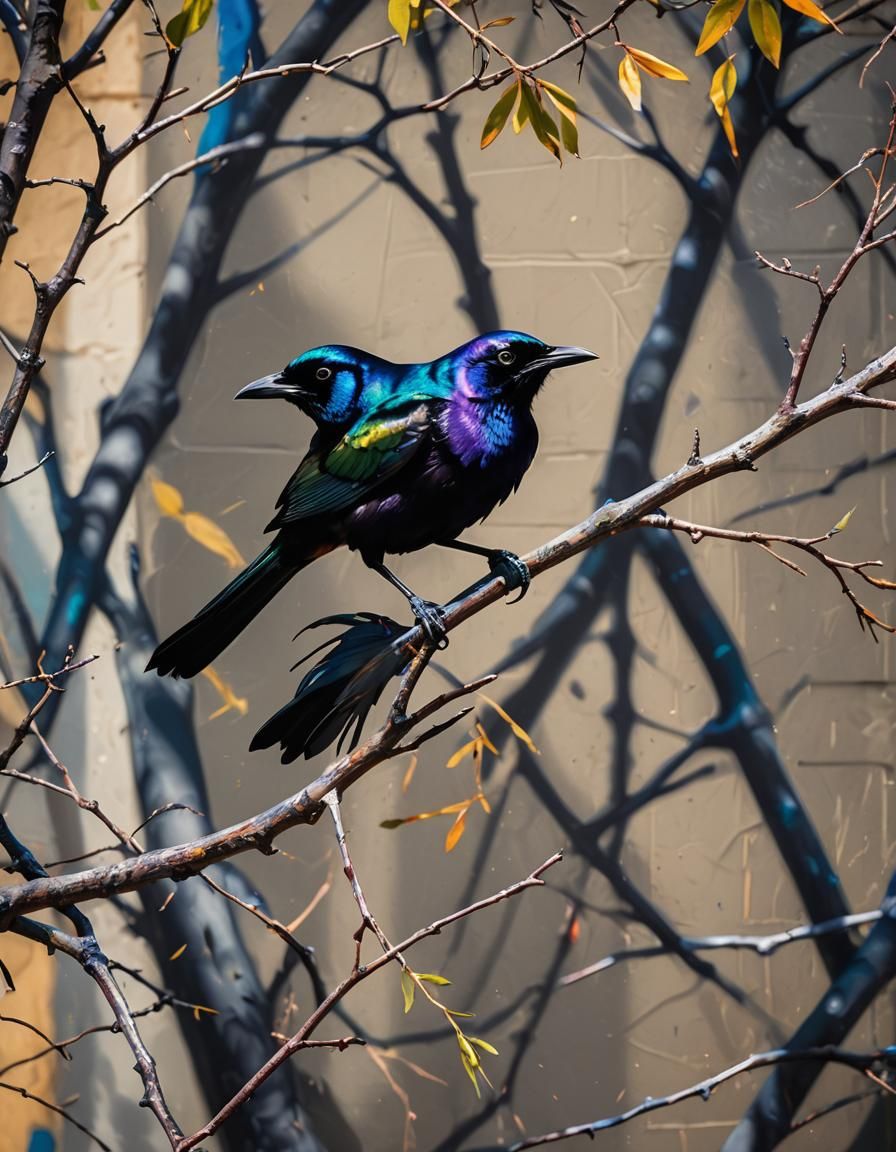 Grackle Bird in Vibrant Street Art Style