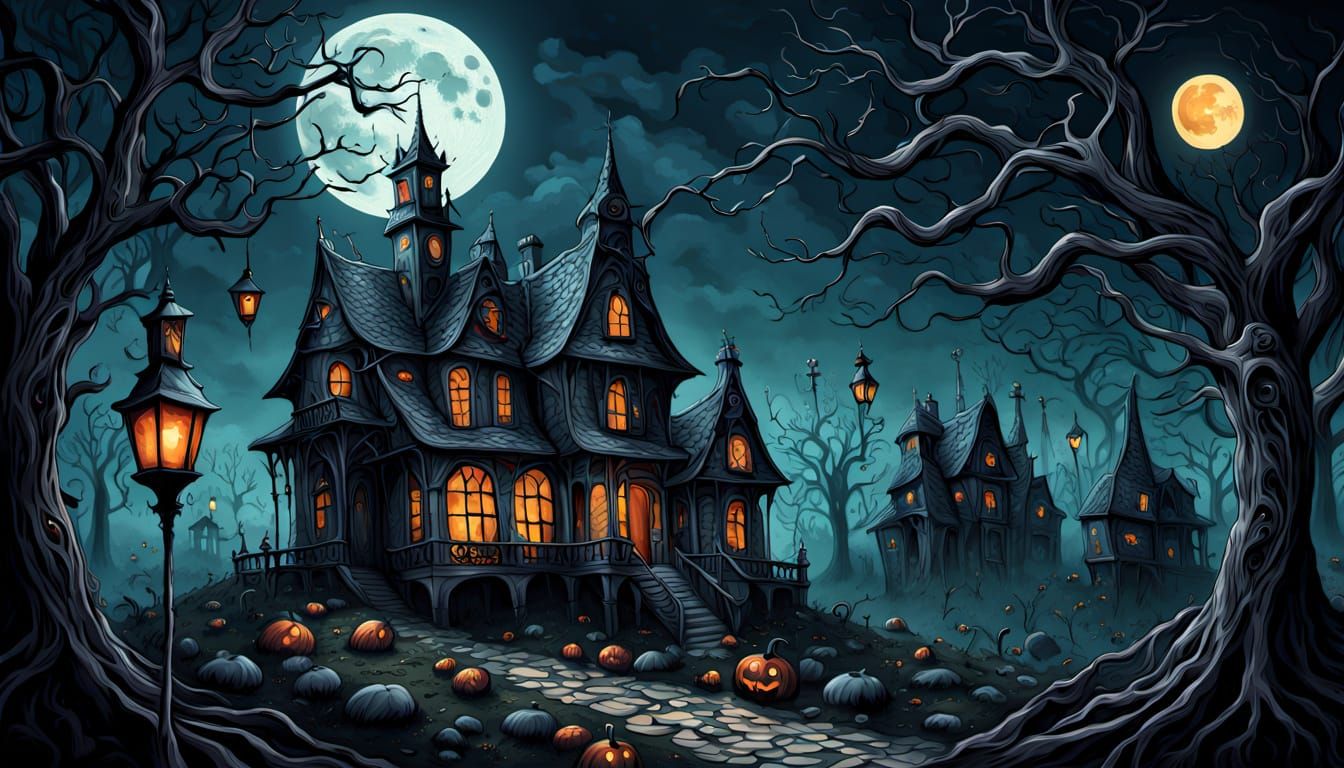 Eerie Surrealist House on Moonlit Hill