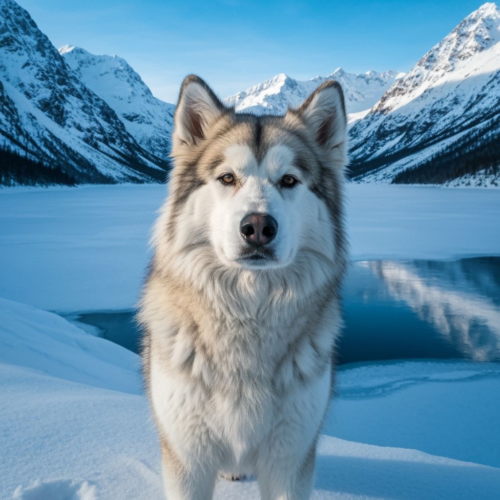 Husky Dog in Picture Frame Sunset Landscape Painting