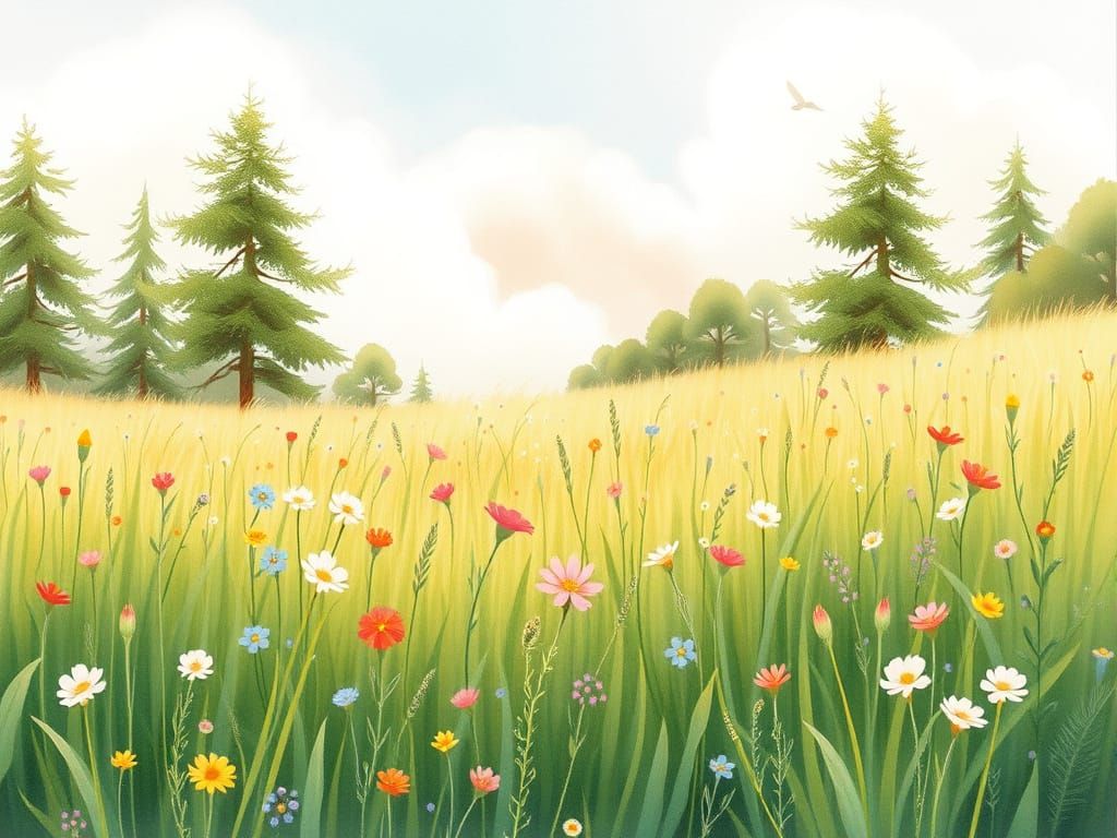 Enchanted Whimsical Meadow Scene in Dreamy Watercolor Style
