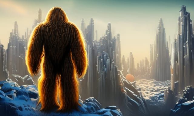 Wookiee in a Snowy Futuristic City