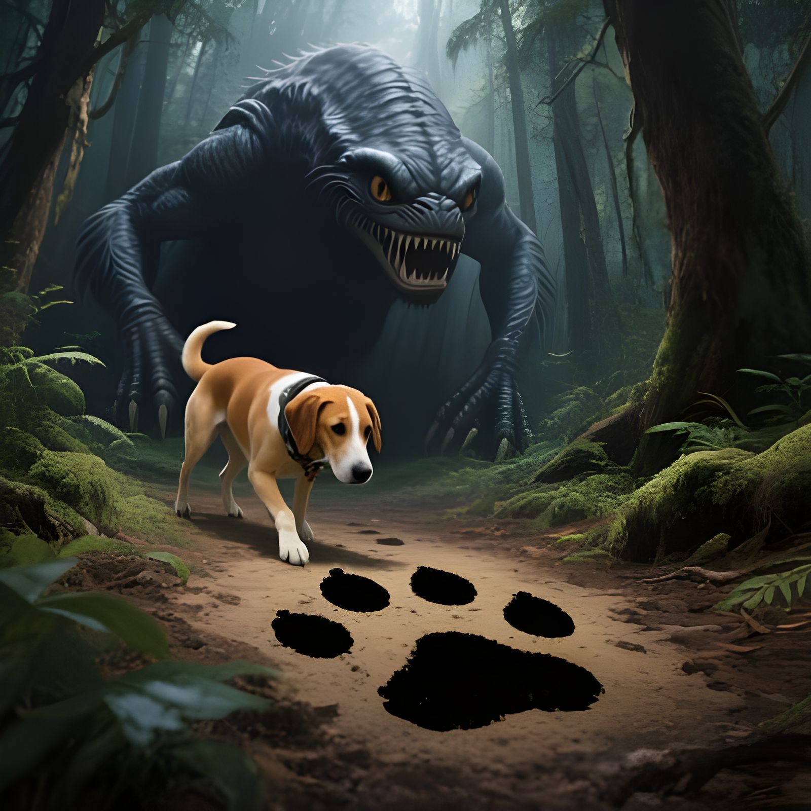 Cryptid Paw Prints in Forest: Tracking Dog Sniffing Trail
