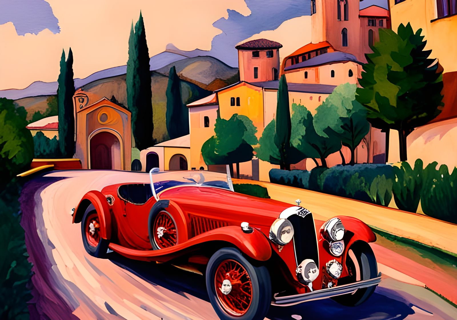 1930s Blue Alfa Romeo 8c in Gouache Style