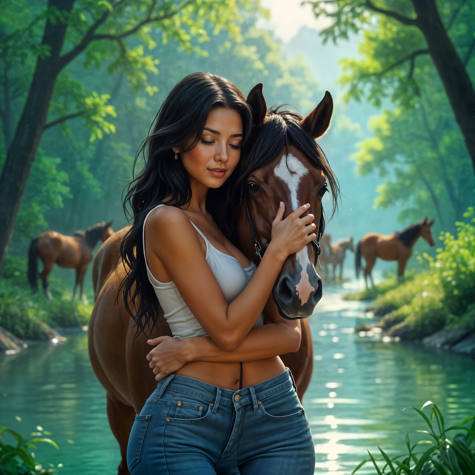 Woman Hugging Horse in Forest, Hyperdetailed Portrait