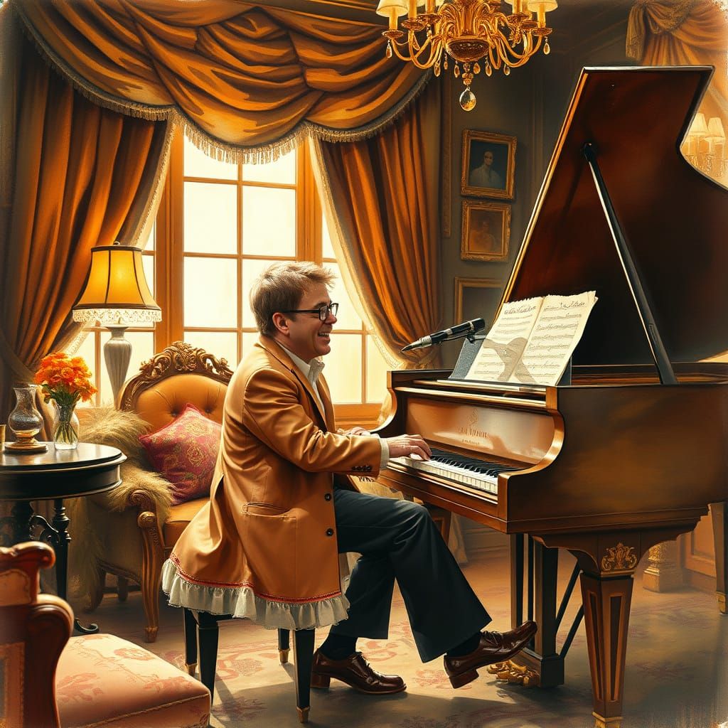 Elton John at Piano in Art Nouveau Watercolor