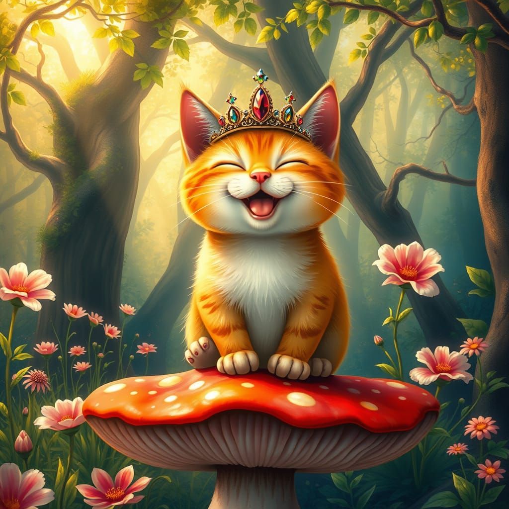 Regal Orange Cat Reigns Over Enchanted Forest in Art Nouveau...
