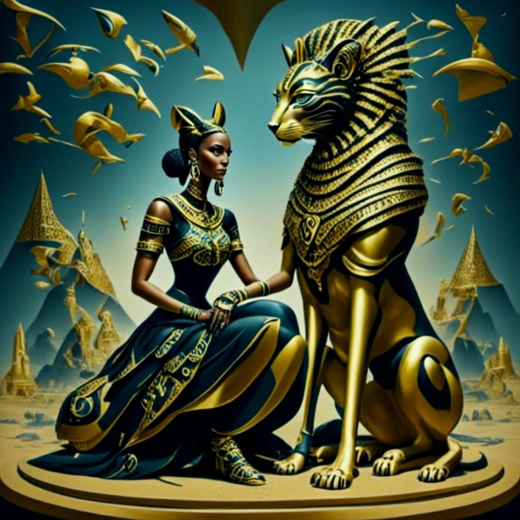 Egyptian Woman Worships Bastet by Sphinx