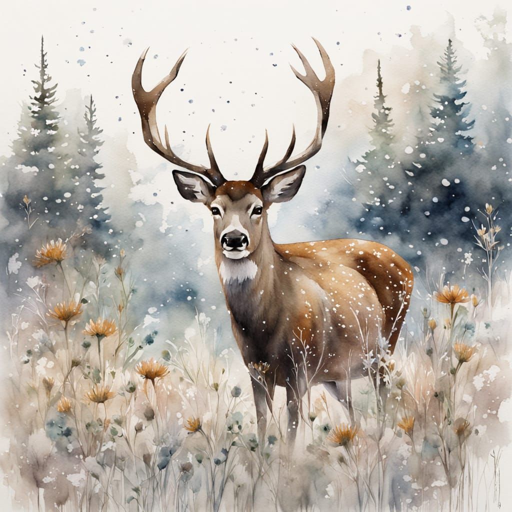 Watercolor Deer in Snowy Field