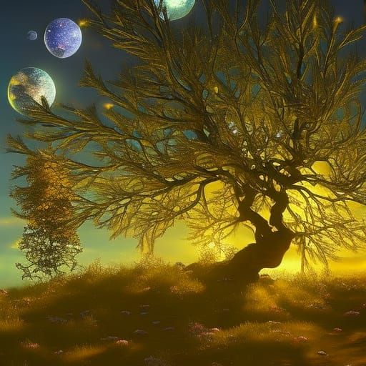 Luminescent Crystal Rose Tree Under Twinkling Stars