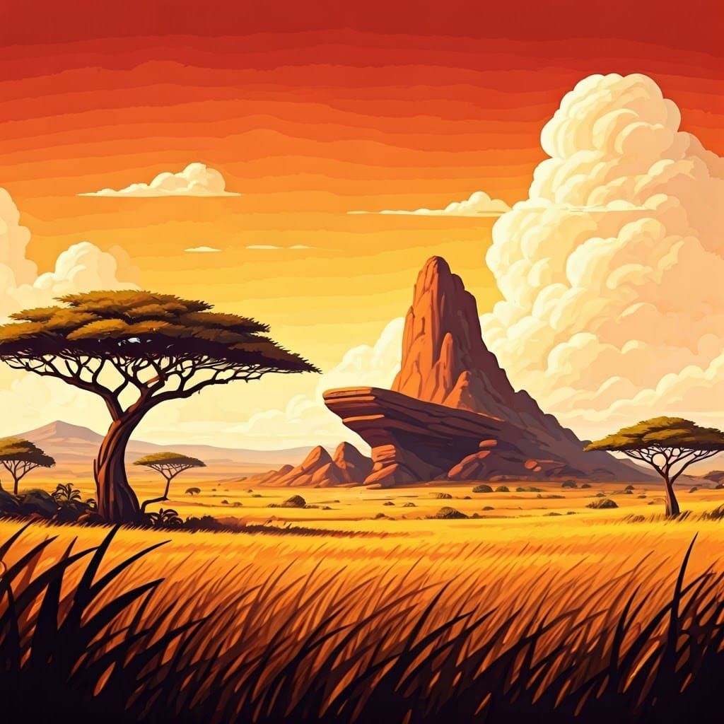 Savannah Pride Lands in Traditional African Folk Art Style