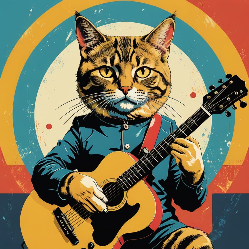 Feline Rockstar in Vibrant Pop Art Style