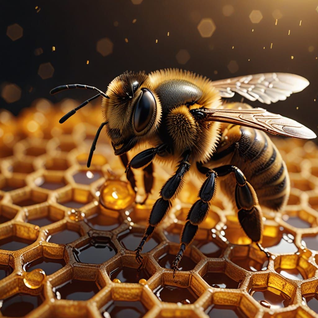 Hyper-Realistic Honeycomb Scene with Glowing Bee