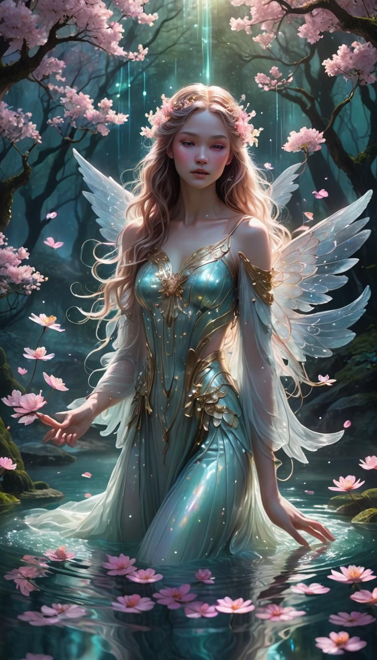 Ethereal Angel Floats Above Enchanted Pool