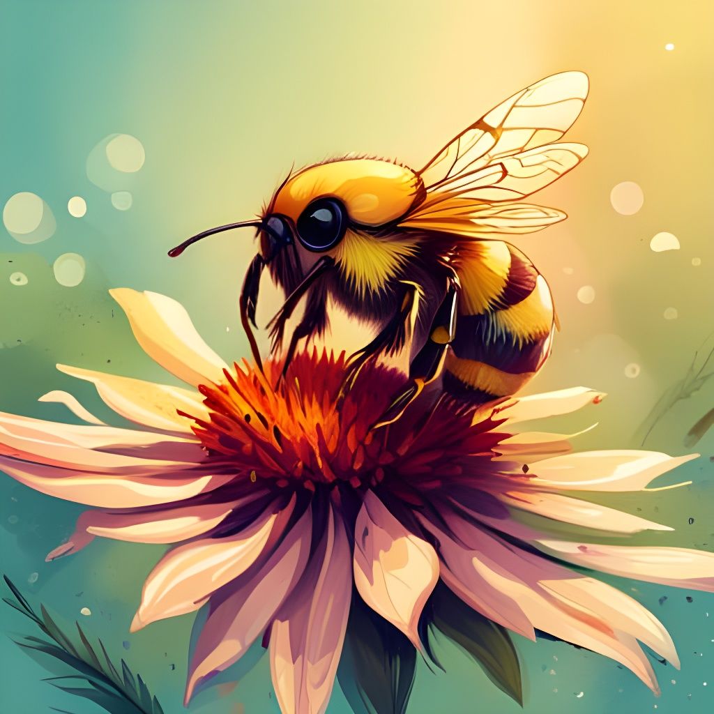Friendly Bumblebee on Flower, Digital Art