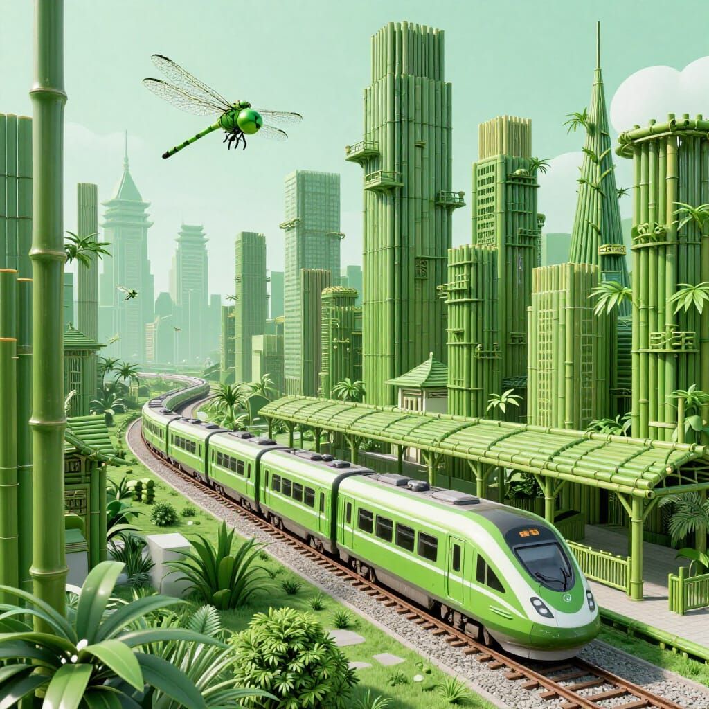 Bamboo Cityscape with Dragonfly Vehicles