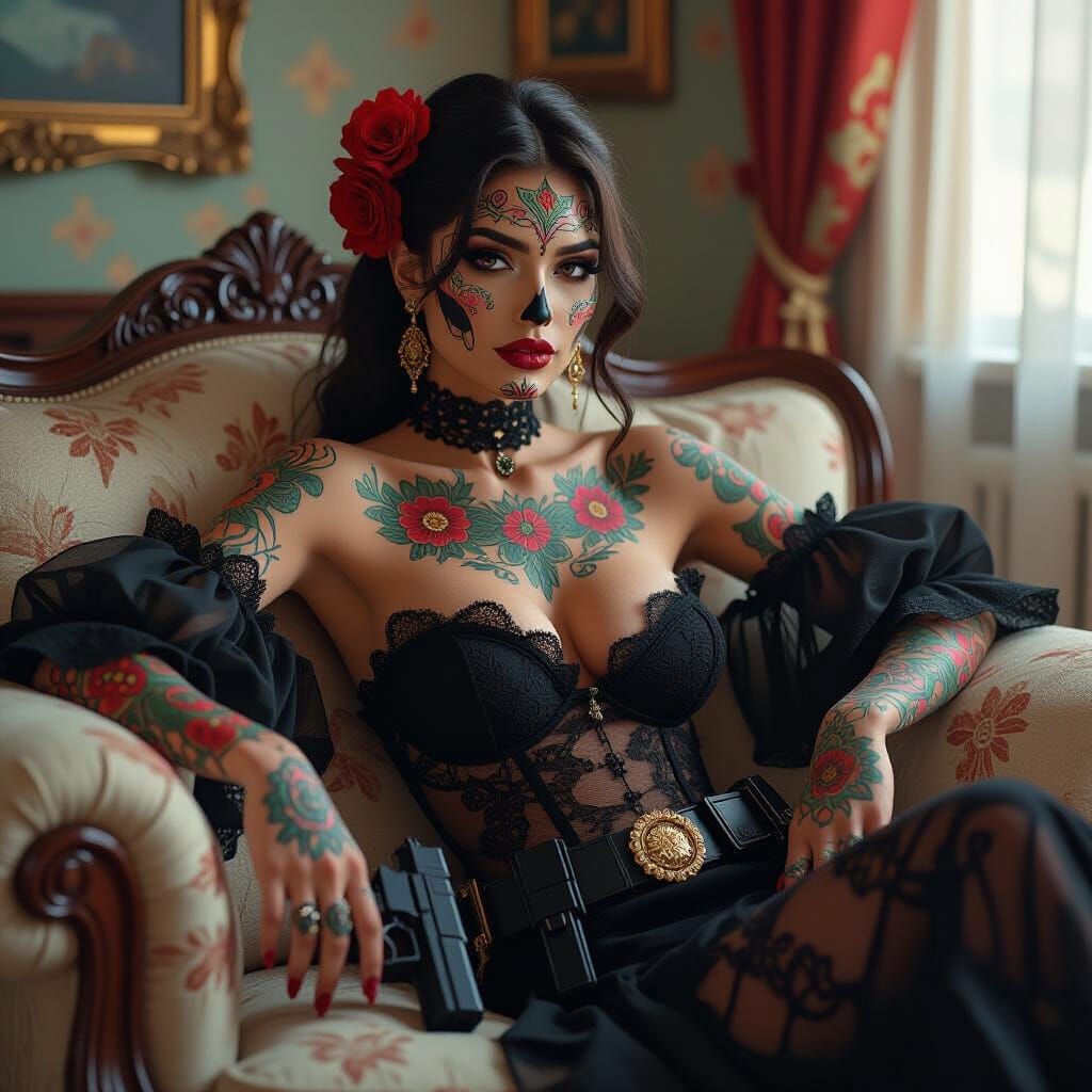 Mexican Woman with Día de los Muertos Tattoos