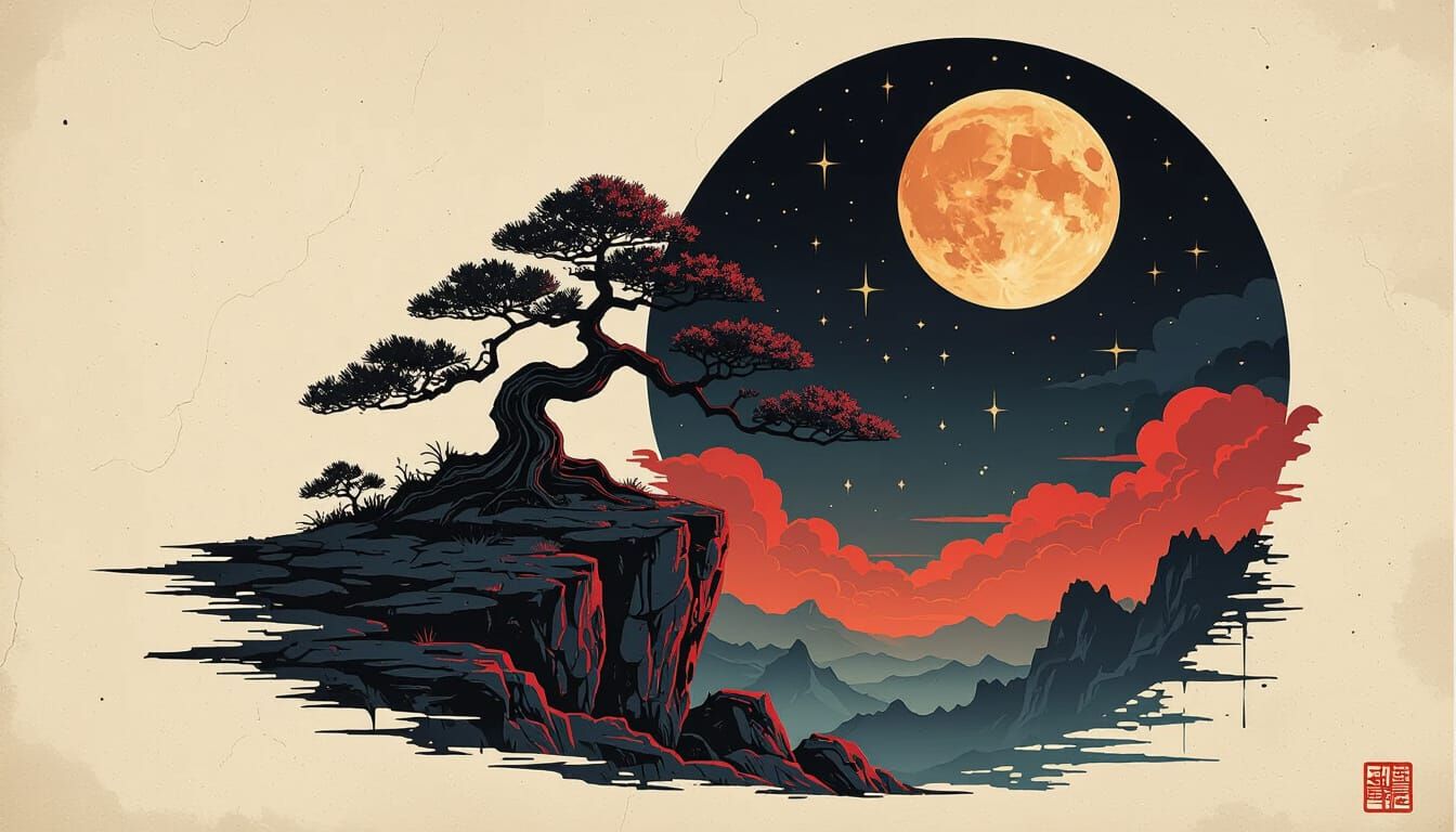 Neon Bonsai: Gritty Graphic Art on Cliff Edge