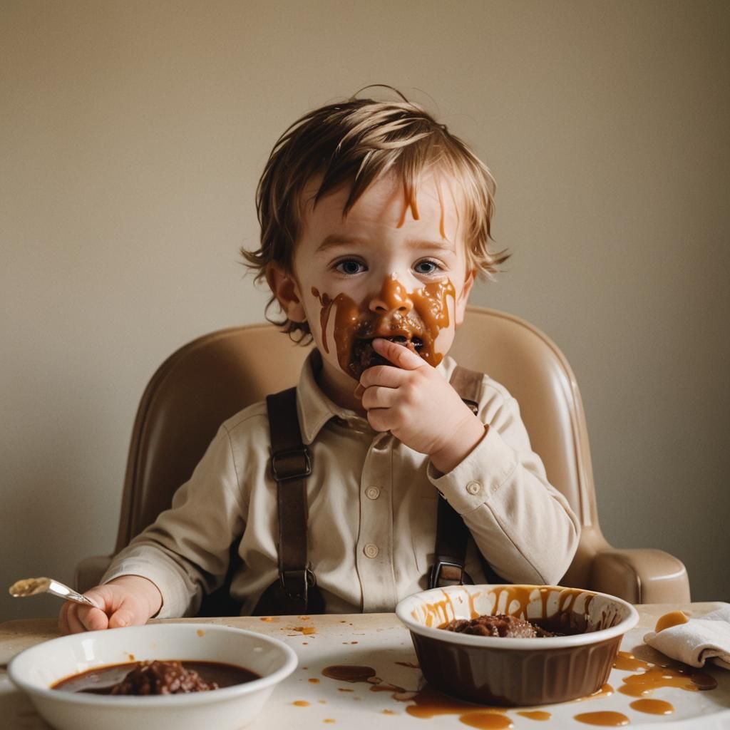 Toddler Covered in Pudding: Golden Hour Portrait