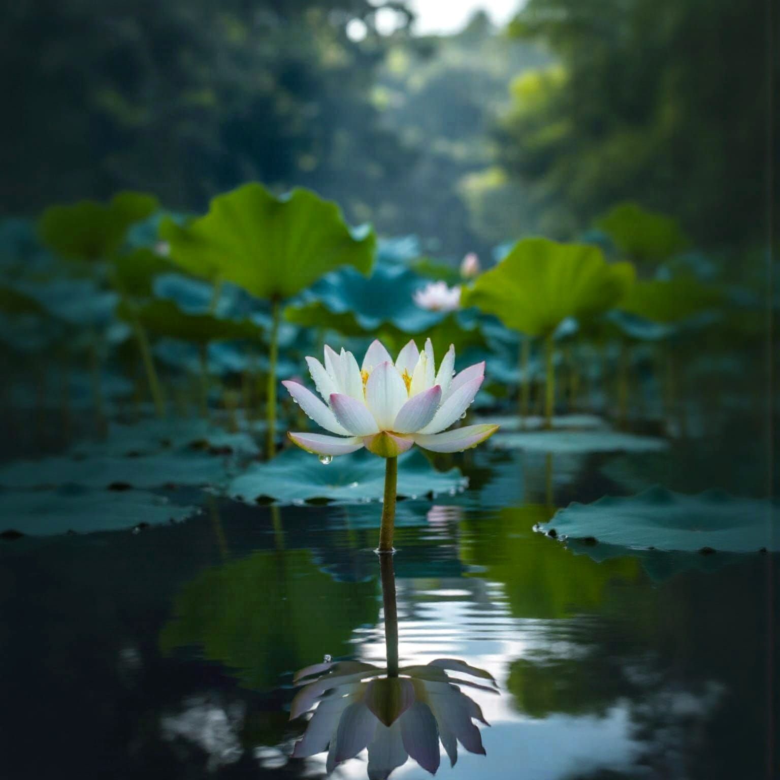 Serene White Lotus Flower in Crystal Pond