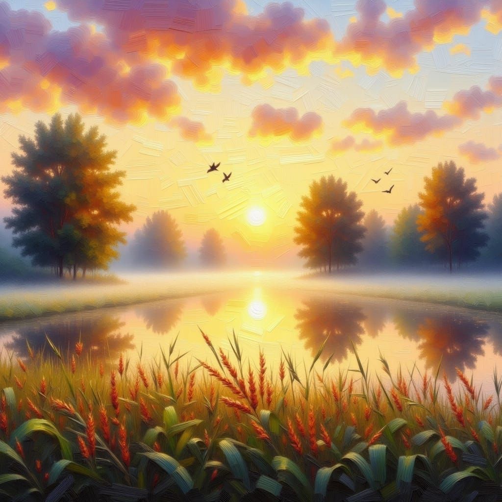 Golden Dawn Over Serene Landscape, Impressionist Style