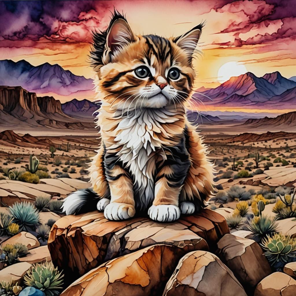 Grumpy Kitten at Desert Sunset in Alcohol Ink Style