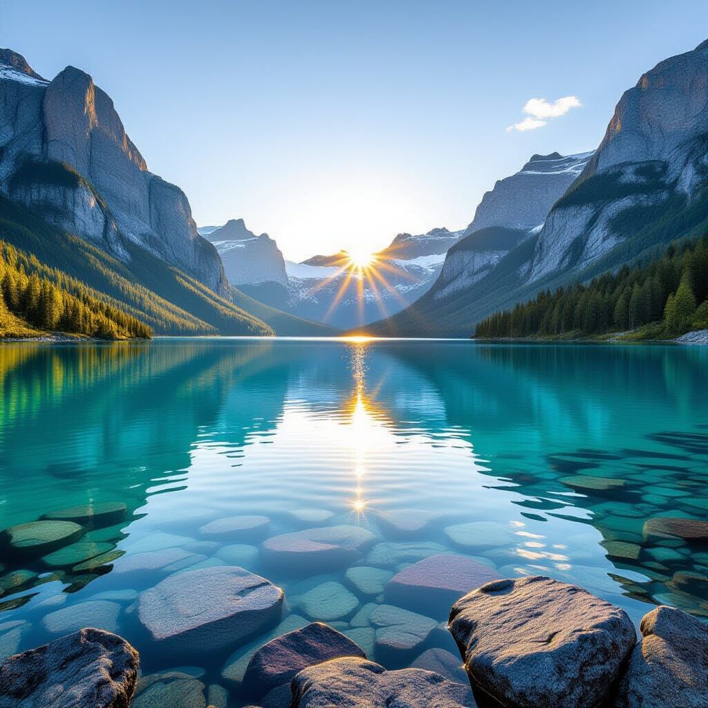 Turquoise Lake Sunrise: Hyperrealistic Mountain Landscape
