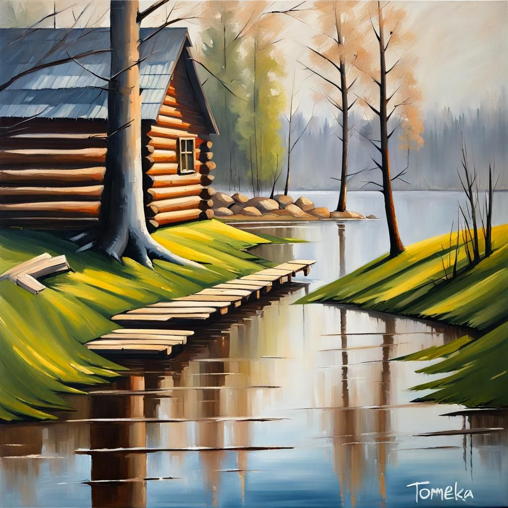 Log Cabin on Lake in Spring Oil Painting