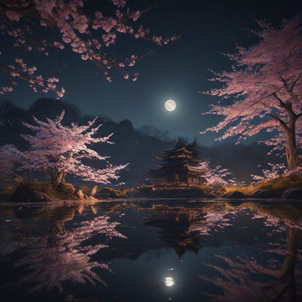 Moonlit Ronin Mouse Surrounded by Sakura Petals in a Serene ...