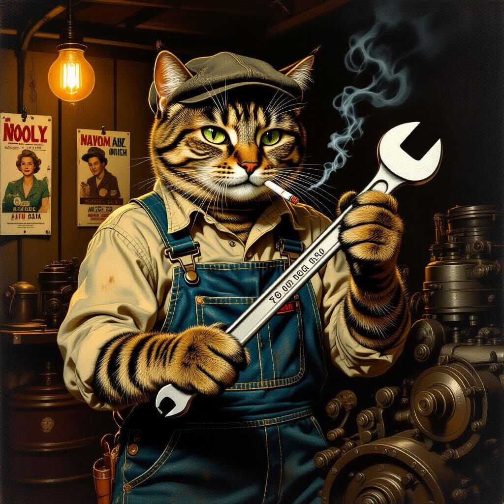 Tabby Cat Mechanic in 1940s Garage, Classical Painting