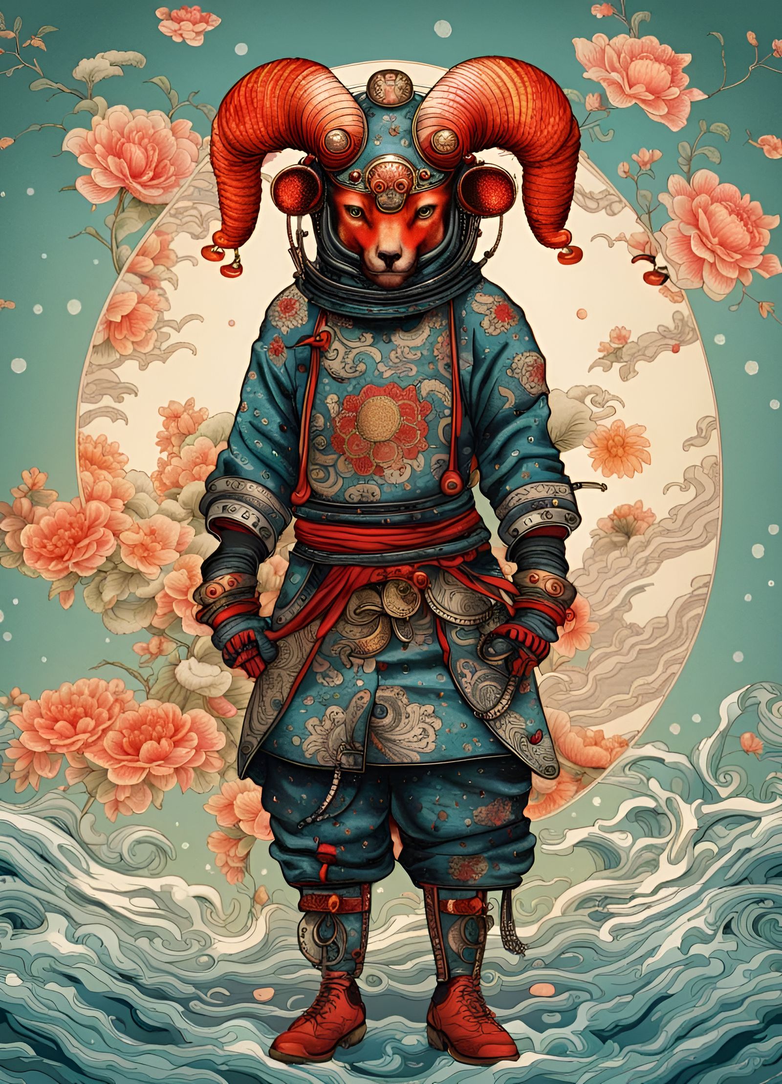 Futuristic Samurai Aries in Chinoiserie Style