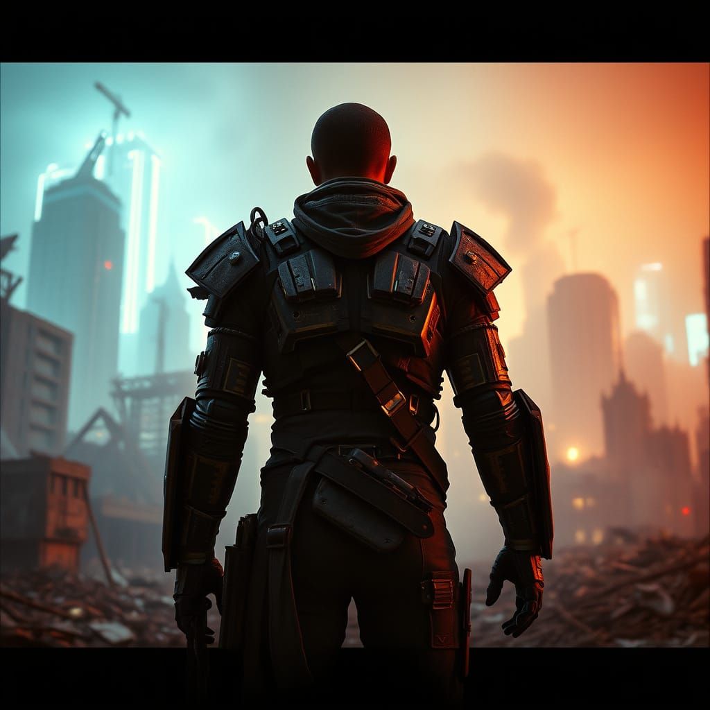 War-Torn Cityscape with Lone Figure in Metallic Exosuit