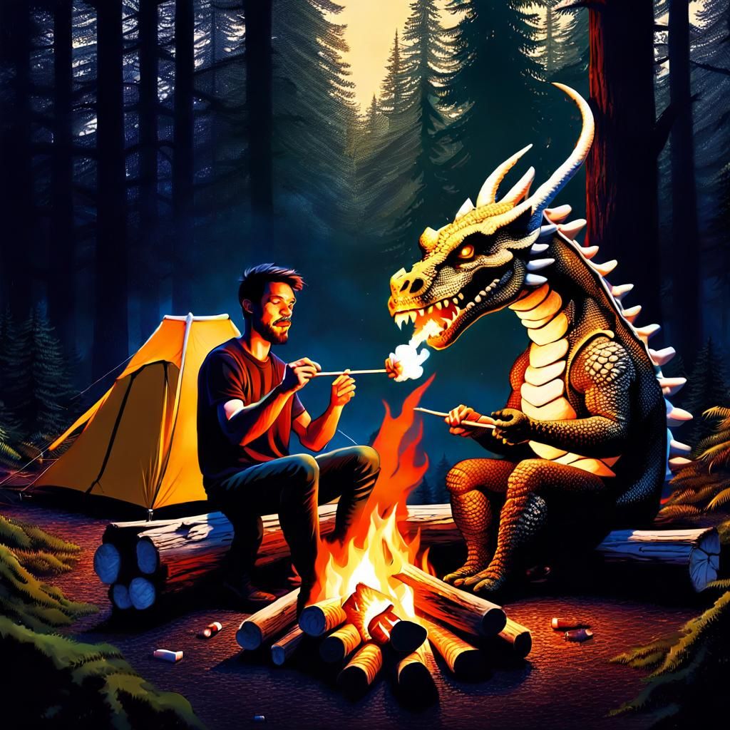 Friendly Dragon Roasting Marshmallow in Forest