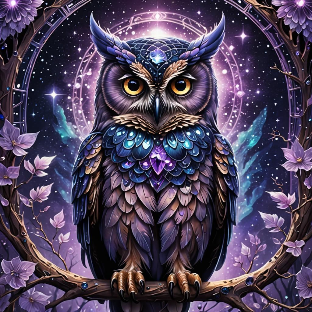 Amethyst Owl with Indigo Eyes in 3D Fantasy Art