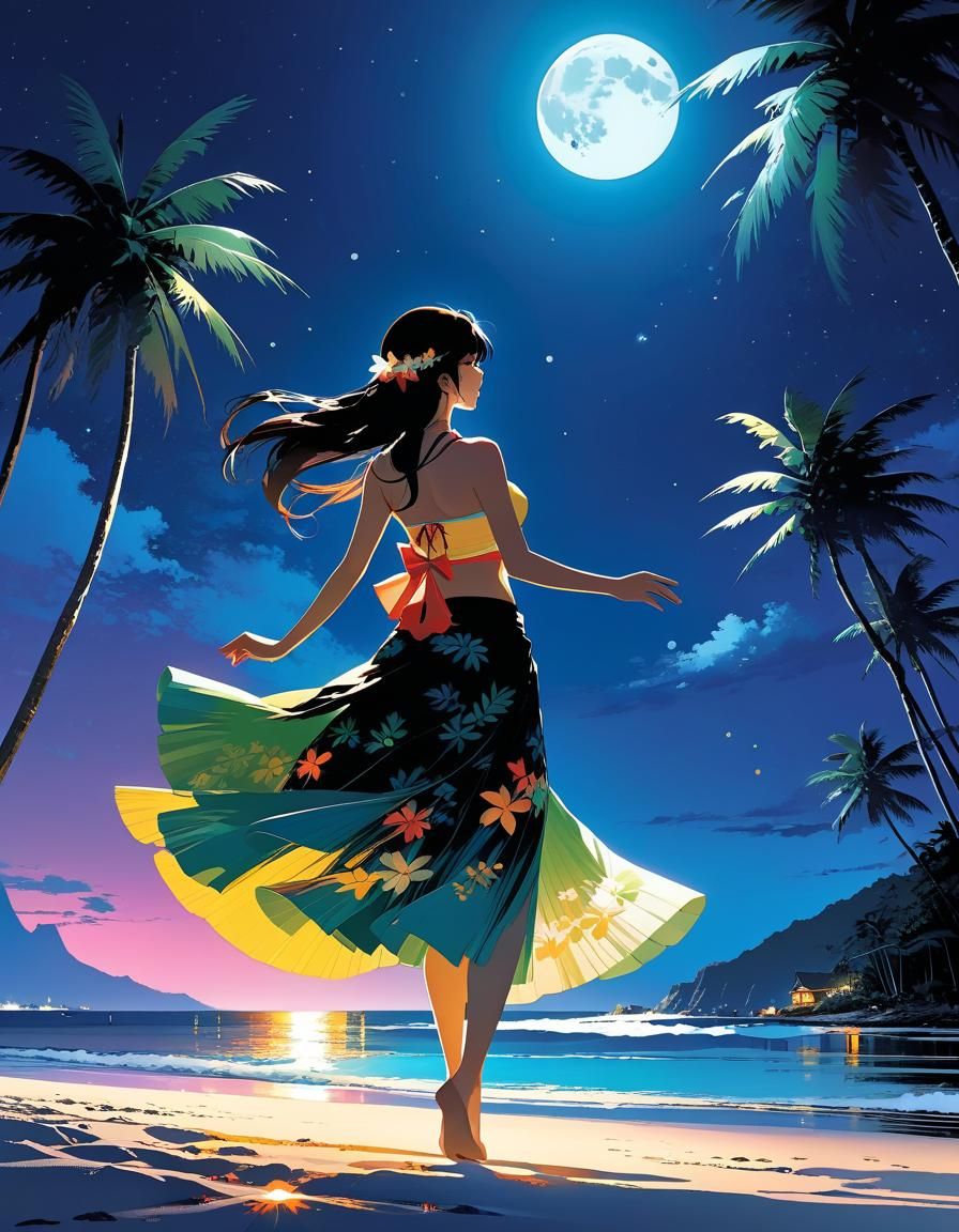 Moonlit Hula Girl: Anime-Style Digital Illustration
