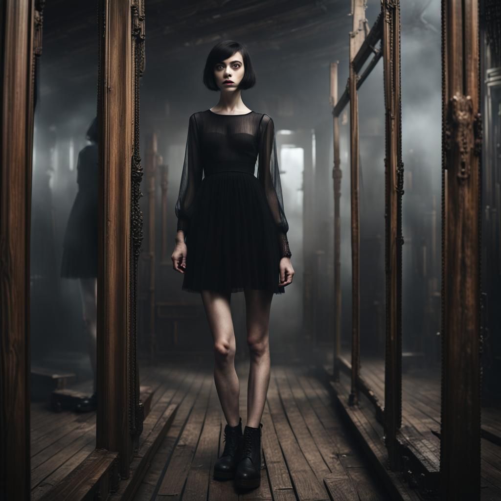 Moody Portrait of Girl in Basement of Mirrors