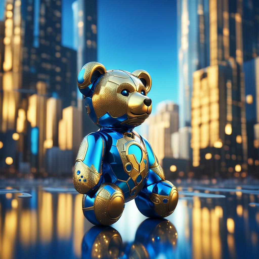 Futuristic Teddy Bear in Gleaming Cityscape: Digital Matte P...