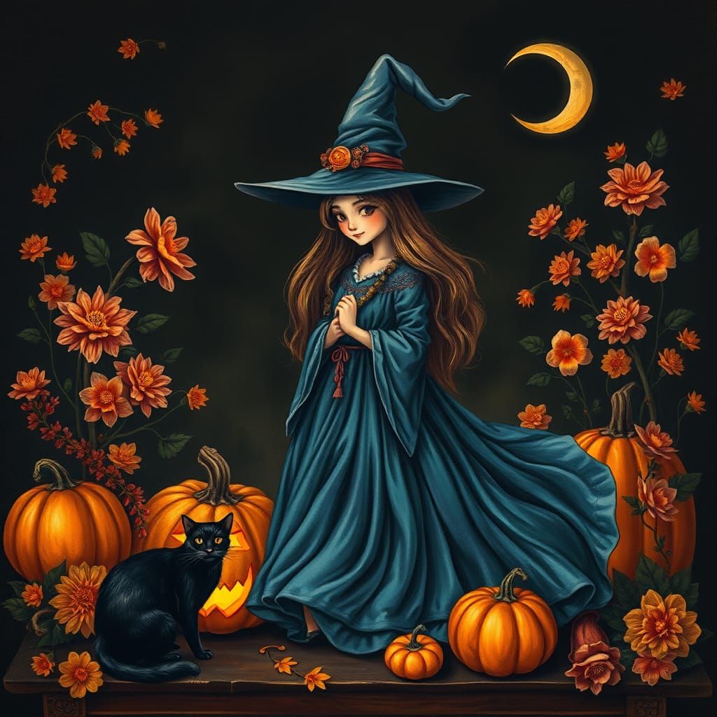Mystical Witch in a Whimsical Autumnal Scene