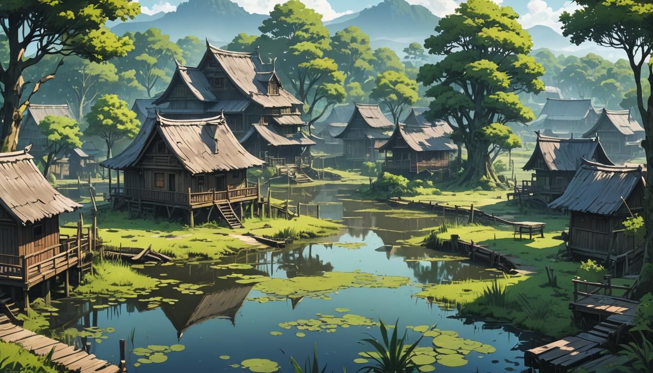 Swamp Village View: Cel-Shaded Anime Art
