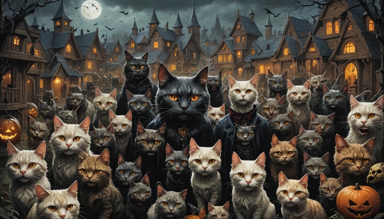 Gothic Horror Halloween Cat Village