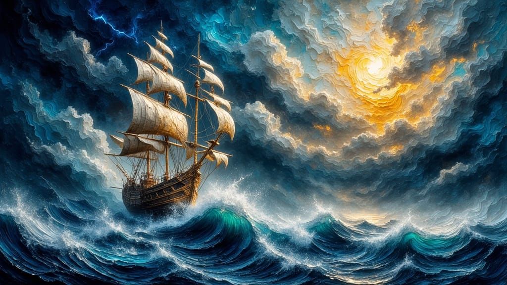 Gilded Galleon Leans into Storm: Impasto Oil Painting