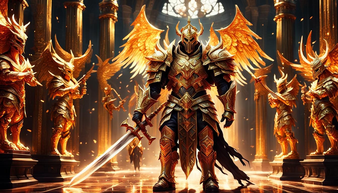 Fallen God Knight in Gothic Hallway, Digital Art