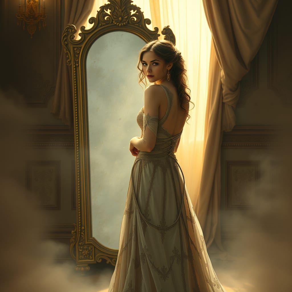 Ethereal Evelyne in Whimsical, Dusty Mirror Scene