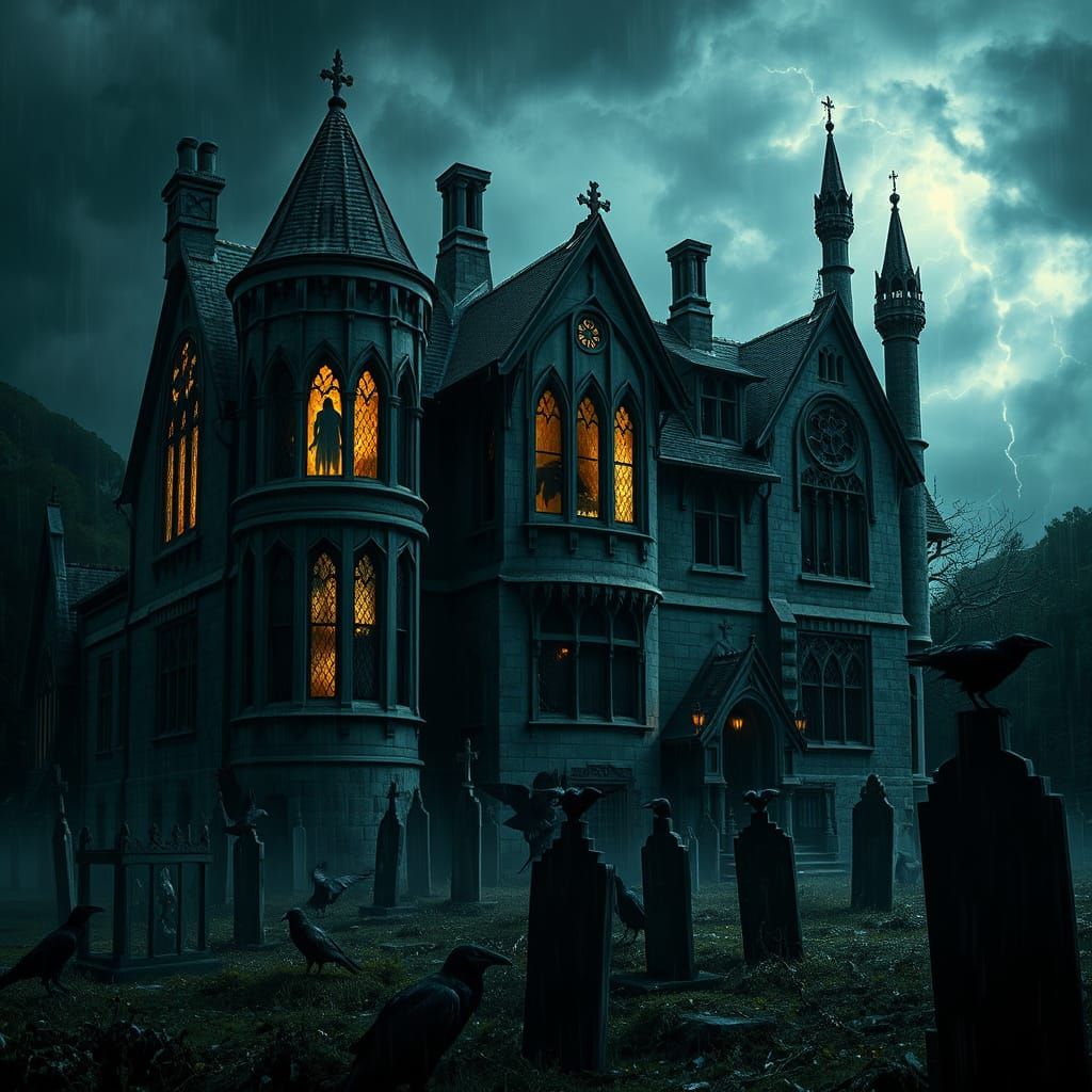 Eerie Gothic Manor House in Dark Surrealist Style