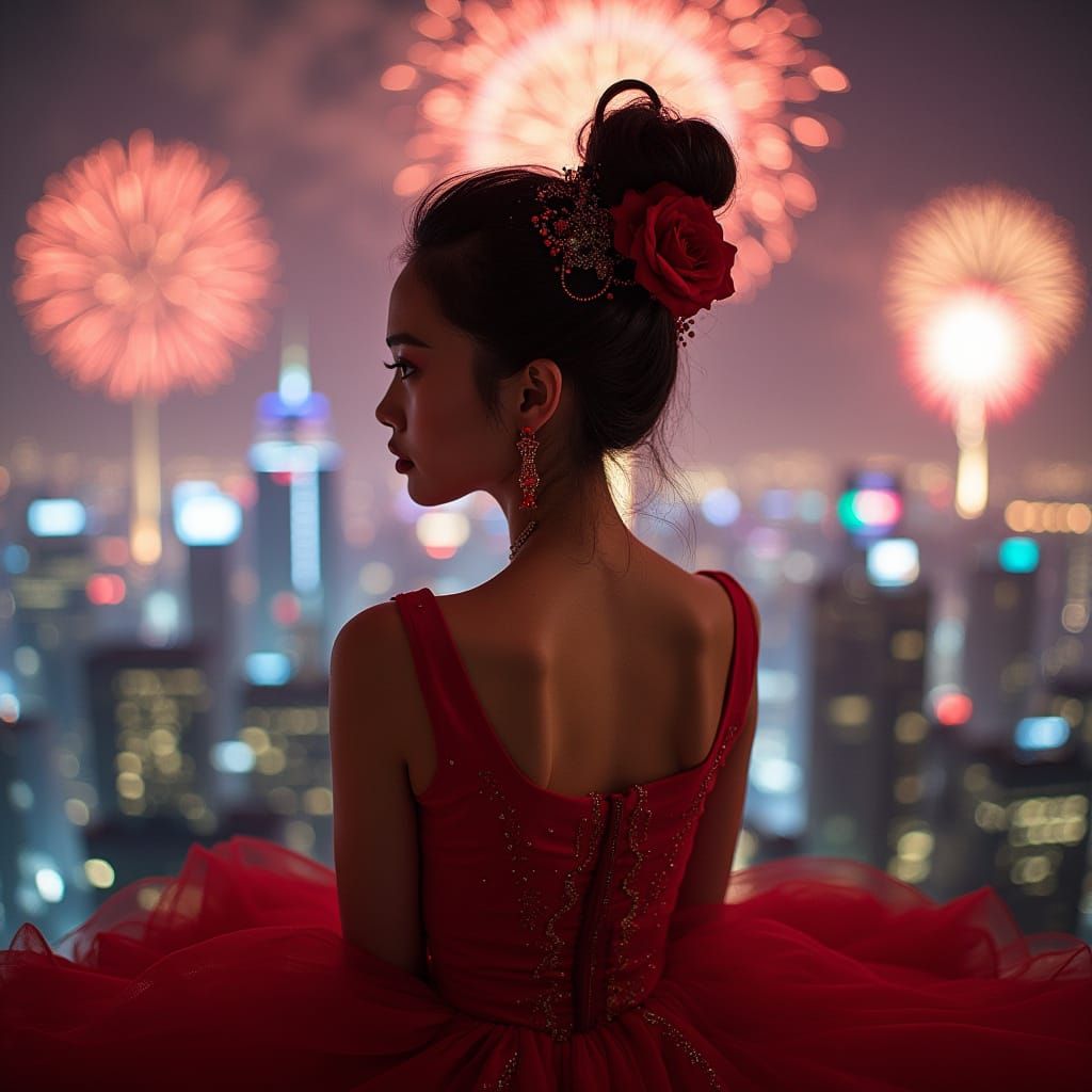 Chinese Cityscape at Night with Woman in Red