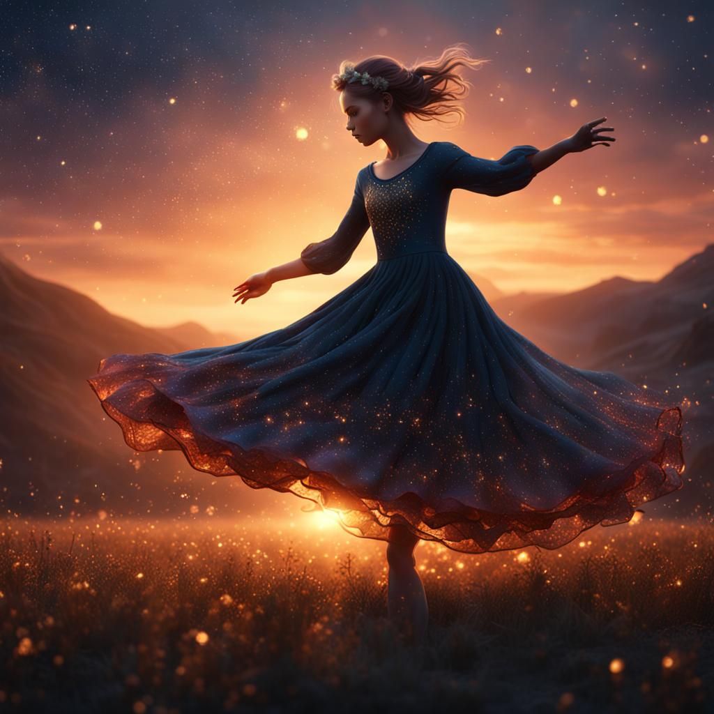 Girl in Starry Dress Dancing in Sunrise